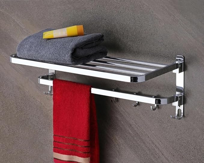 A towel rack of stainless steel showing two towels one hanged and another one is placed at the top