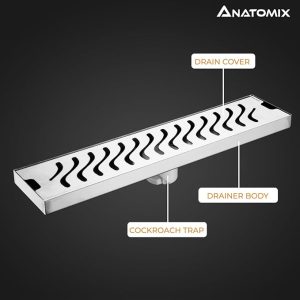 ANATOMIX Wave 12×4 Inches Shower Drain Channel | 304-Grade Stainless Steel Linear Drain Channel for Bathroom | Floor Drain Water Drainer with Side Hole & Cockroach Trap – Silver